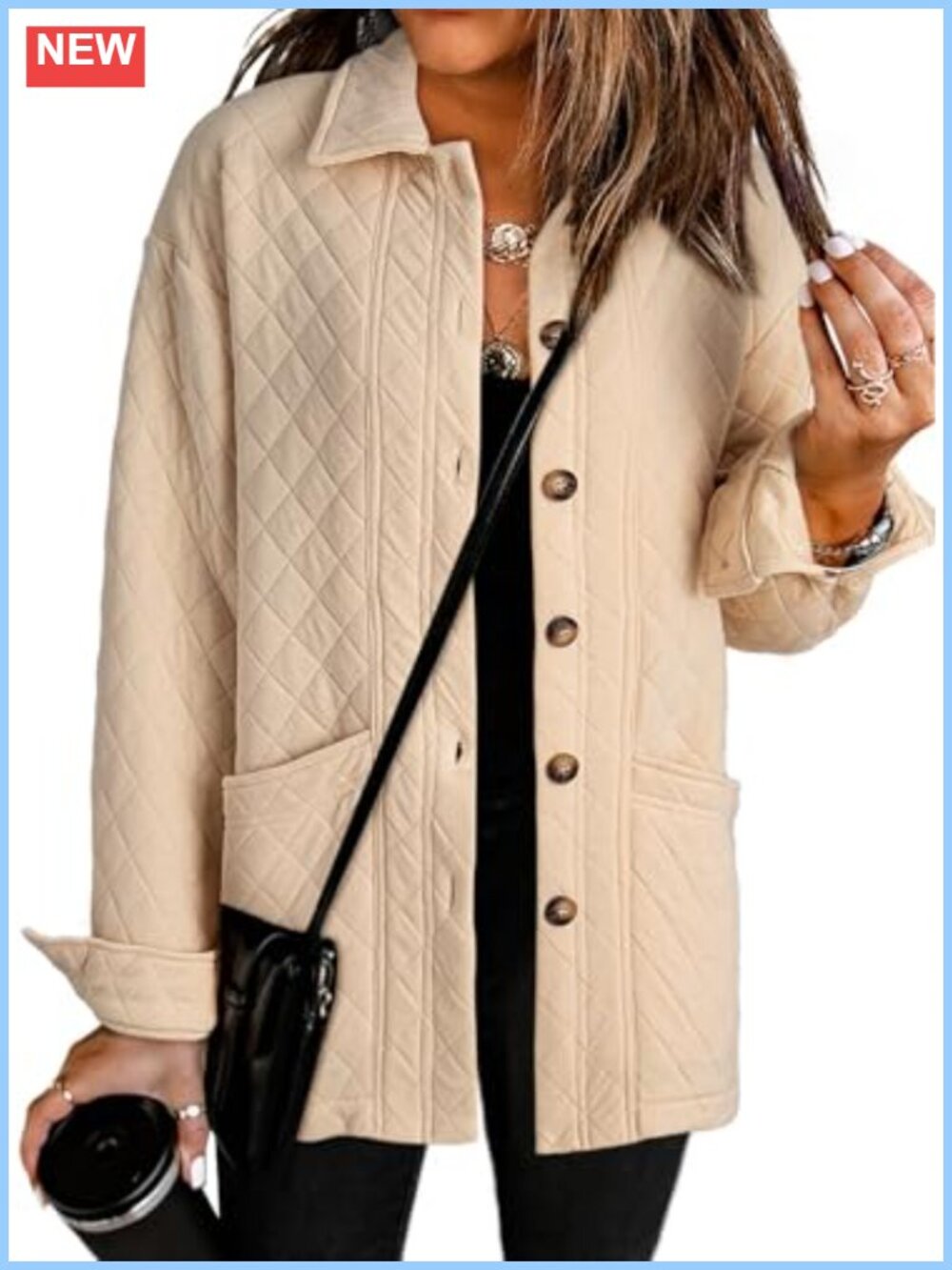 Quilted Button Down Shacket Jacket Long Sleeve Collared with Pockets
